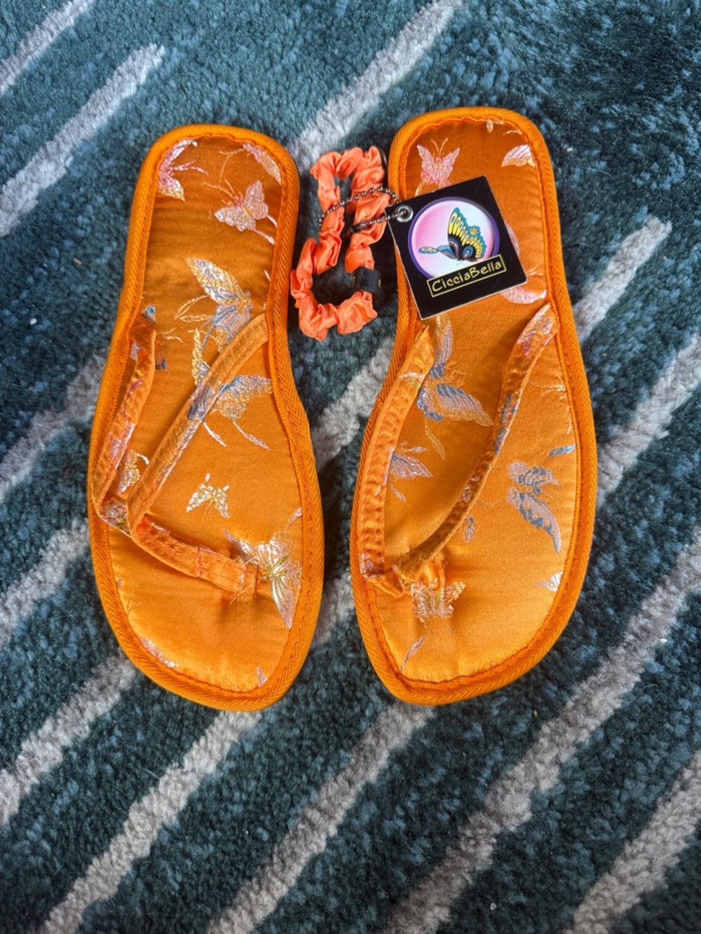 Abella Orange Satin Butterfly Flip Flop Sandals. Size 5-6
